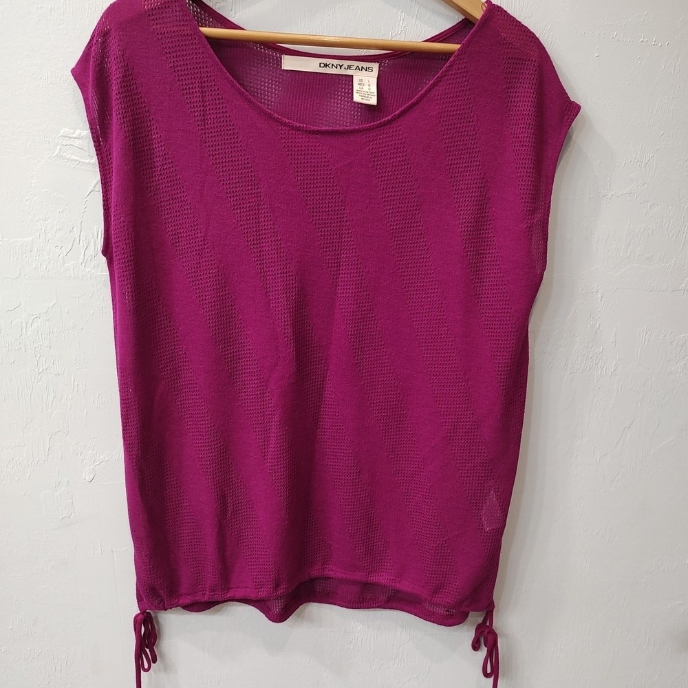 DKNY Jeans Women‎ Fuschia Tank Top Oversized Lagenlook Sheer Tie Waist Sz Large